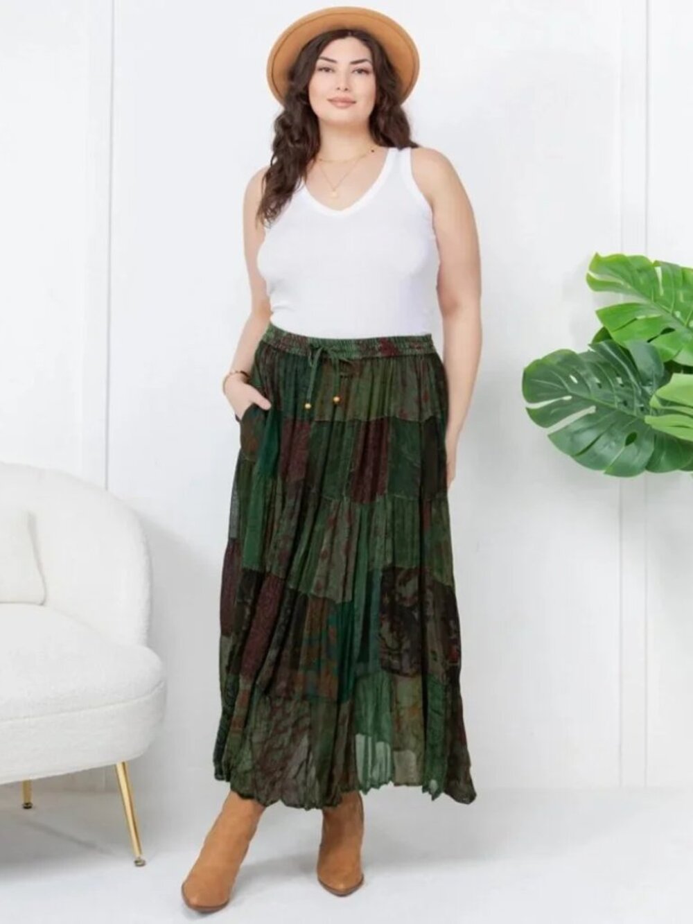 Young Threads Basil Mixed Patchwork Tiered Maxi Boho Floral Multicolor